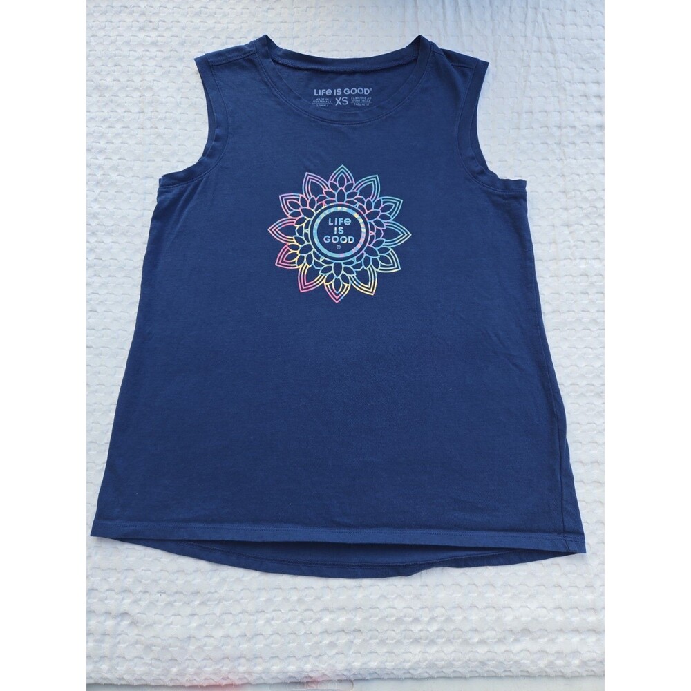 LIFE IS GOOD Navy Muscle T Shirt Tank Top Floral & Stripes Women's  size  XS